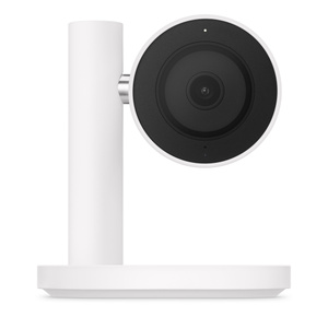 LG Indoor Cam Plug-in, front exterior, white color, circular base, vertical cylindrical arm, circular camera head connected to arm via chrome hinge, centered lens, horizontal orientation pointed outward