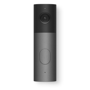 LG Video Doorbell Wired, front exterior: rectangular shape, curved sides. Top section, black color with camera lens. Bottom section, graphite color (dark gray), oval doorbell button in center, microphone hole at bottom