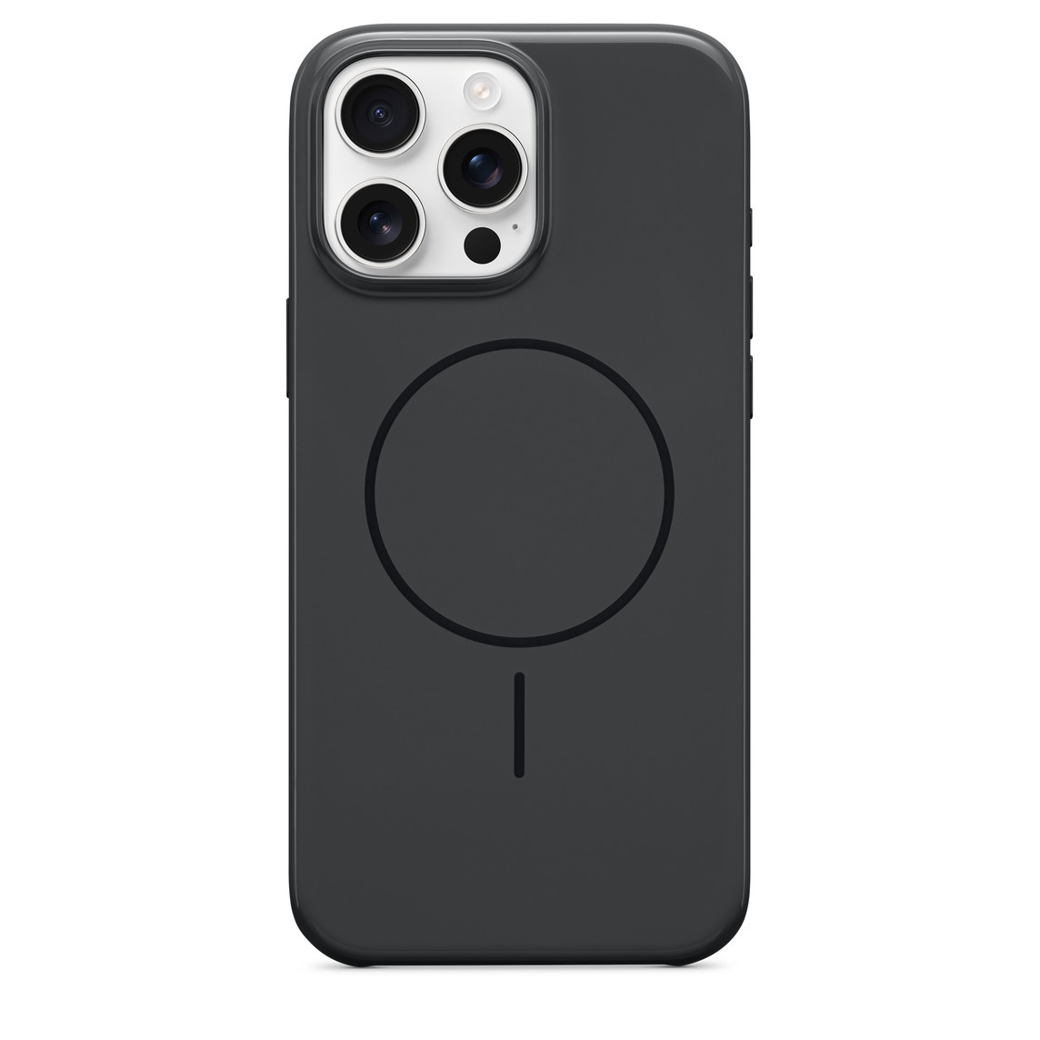Beats iPhone 16 Pro Max Case with MagSafe in Midnight Black, attached to iPhone 16 Pro Max White finish, seen through camera cut out.