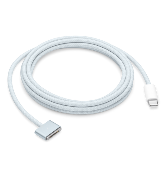 Cable de carga con conector MagSafe y cable trenzado en azul cielo y conector USB‑C en blanco