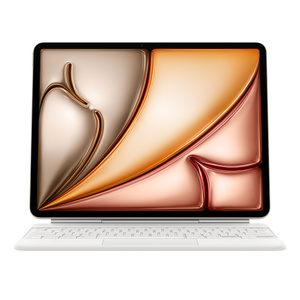 iPad Air attached to Magic Keyboard in landscape orientation, white color, silver color aluminum