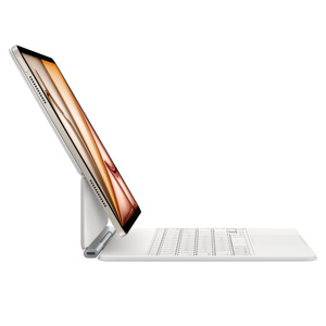 Magic Keyboard for iPad Air, side exterior, white color with silver color aluminum, white color keys, USB-C port located on bottom-left side near folding area, floating cantilever design, iPad Air attached, landscape orientation, screen tilted back