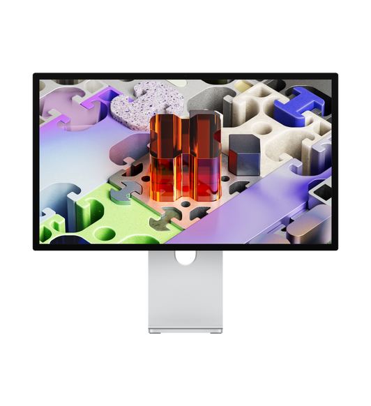 Studio Display XDR, rectangular screen, standard glass, low reflectivity, thin black bezels, silver color stand