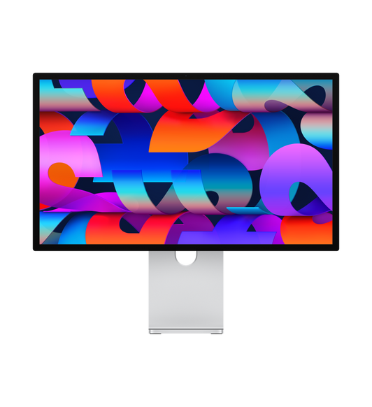 Studio Display, rectangular screen, standard glass, low reflectivity, thin black bezels, silver color stand