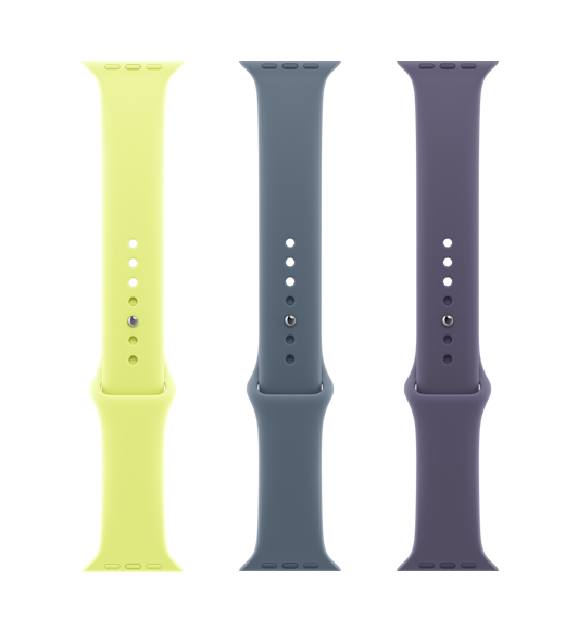 Apple Watch Series 11，展示 46 毫米银色铝金属表壳、数码表冠、麦克风小孔和齐平的侧边按钮；表壳与霓虹黄色运动型表带齐平连接，表带采用顺滑的氟橡胶材质，居中设有调节孔位，并配有银色按扣加收拢式表扣。