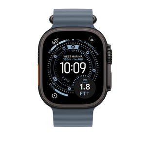 Ocean Band, anchor blue color, tubular fluoroelastomer rubber, adjustment holes centered, titanium buckle closure