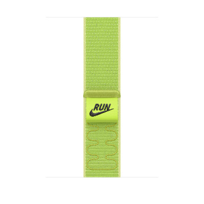 Nike Sport Loop band, Volt Splash color, neon green band, yellow stitching, soft reflective double layer nylon weave material, Run written in black with Nike Swoosh on pull tab closure