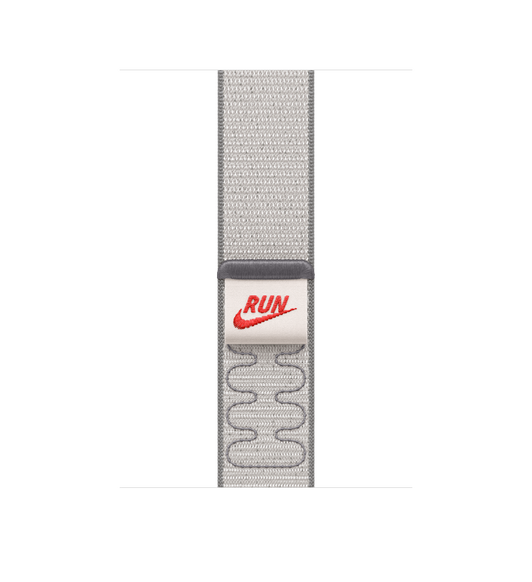 Correa Loop Nike Sport, color gris velado, correa gris claro, costuras en gris oscuro, suave tejido de nailon reflectante de doble capa, cierre de lengüeta con la palabra Run y el logotipo de Nike