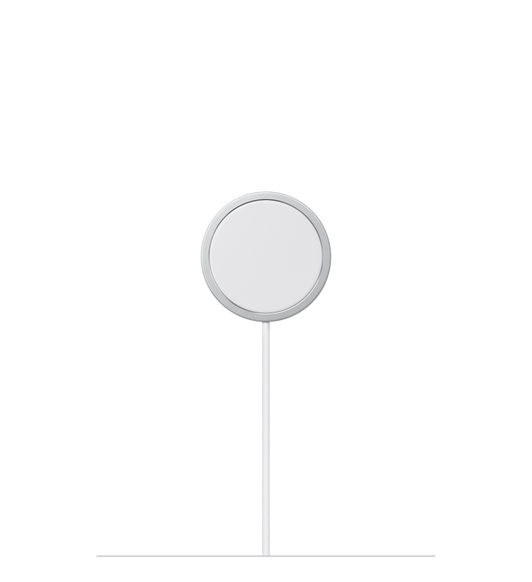 Cargador MagSafe, superficie de carga interior, un círculo blanco rodeado por un anillo gris, cable trenzado blanco integrado.