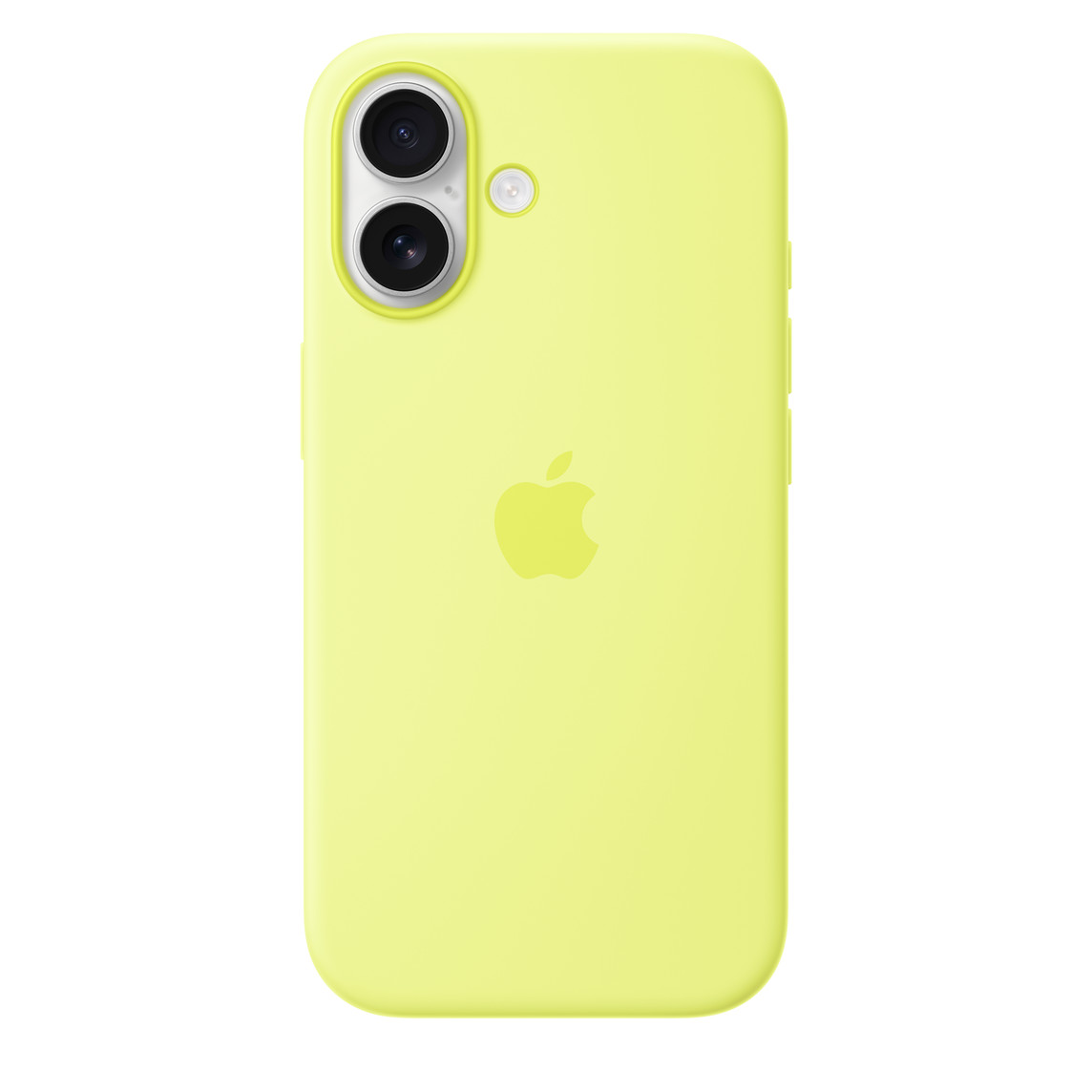 iPhone 17 Silicone Case with MagSafe in neon yellow color, back exterior, embedded Apple logo in center, attached to iPhone 17 in white color, visible through camera cut out