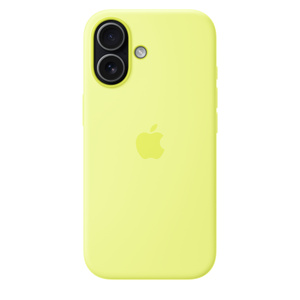 Achterkant van het siliconenhoesje met MagSafe voor iPhone 17 in de kleur neongeel, geïntegreerd Apple logo in het midden, bevestigd op iPhone 17 in de kleur zwart, die zichtbaar is door de uitsparing voor de camera’s