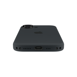 Onderkant van het siliconenhoesje voor iPhone 17 in de kleur zwart, bevestigd op iPhone 17, bevestigingsgaten voor Crossbodykoord aan de linker- en rechterkant