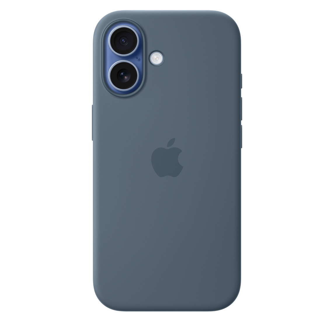 iPhone 17 Silicone Case with MagSafe in anchor blue color, back exterior, embedded Apple logo in center, attached to iPhone 17 in mist blue color, visible through camera cut out
