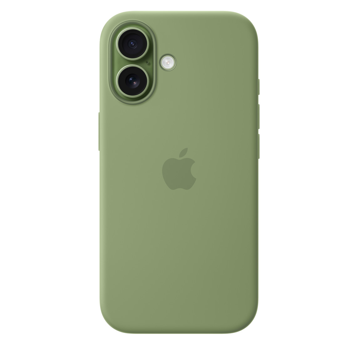 iPhone 17 Silicone Case with MagSafe in light moss color, back exterior, embedded Apple logo in center, attached to iPhone 17 in sage color, visible through camera cut out