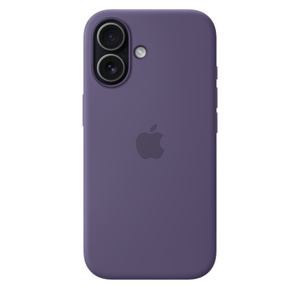 iPhone 17 Silicone Case with MagSafe in purple fog colour, back exterior, embedded Apple logo in centre, attached to iPhone 17 in black colour, visible through camera cut out