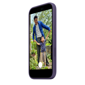 The iPhone 17 Silicone Case with MagSafe in purple fog colour, covers the outer edge, top and bottom borders, raised silicone Side button and flush Camera Control button
