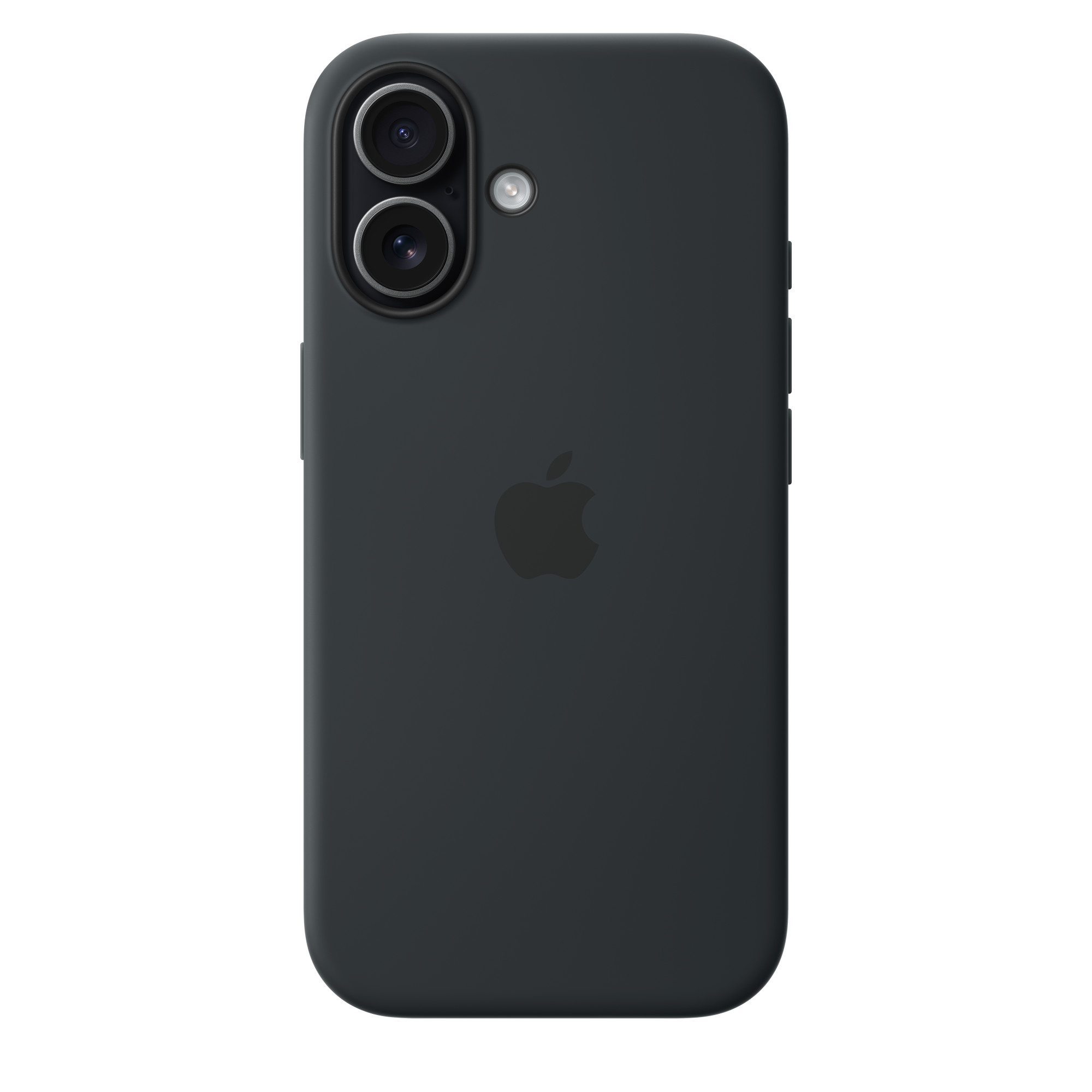iPhone 17 Silicone Case with MagSafe in black color, back exterior, embedded Apple logo in center, attached to iPhone 17 in black color, visible through camera cut out