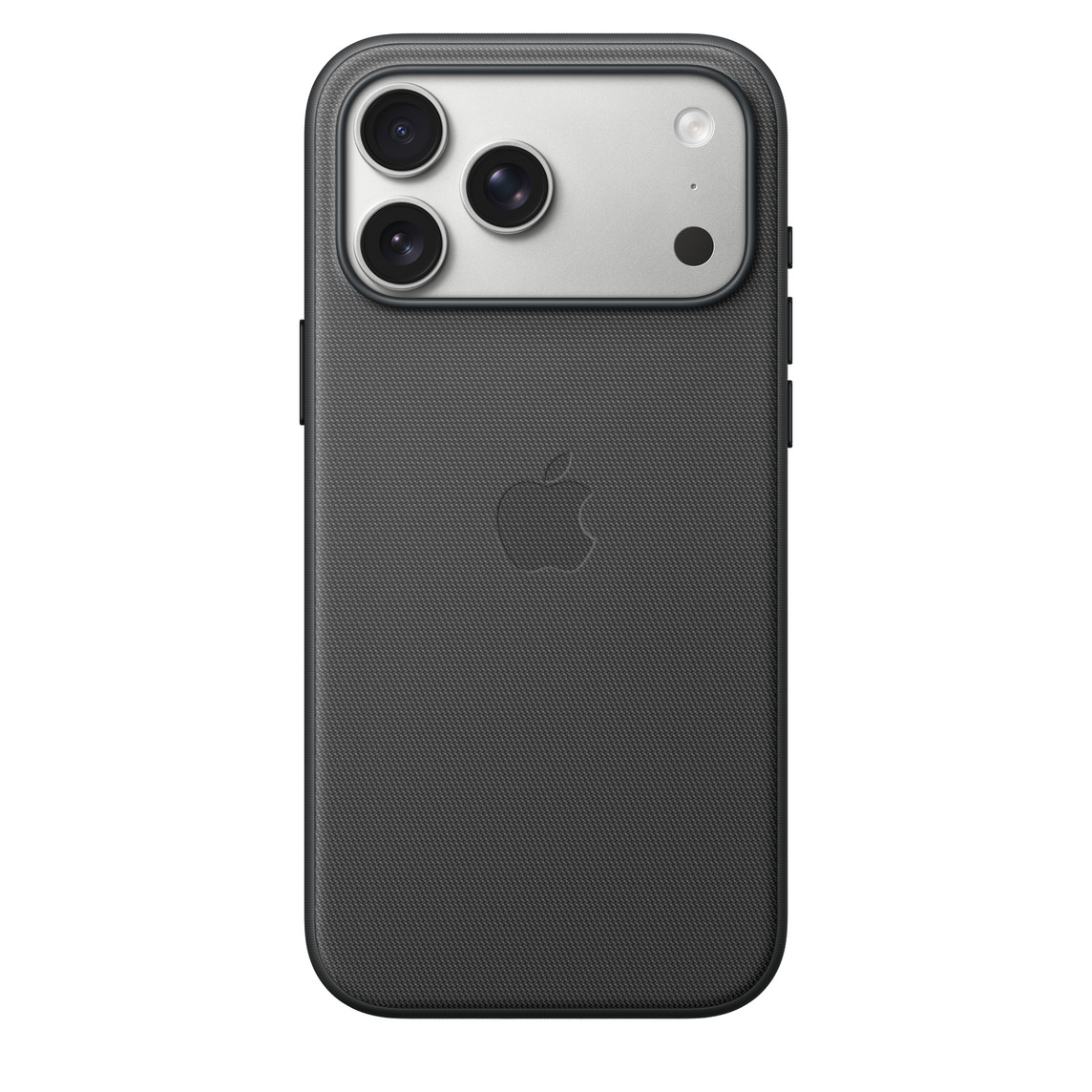 Чохол Tech Wrap для iPhone 17 Pro Max чорного кольору, задня зовнішня частина, вбудований логотип Apple по центру, кріпиться до iPhone 17 Pro Max, сріблястого кольору, видно крізь виріз для камери
