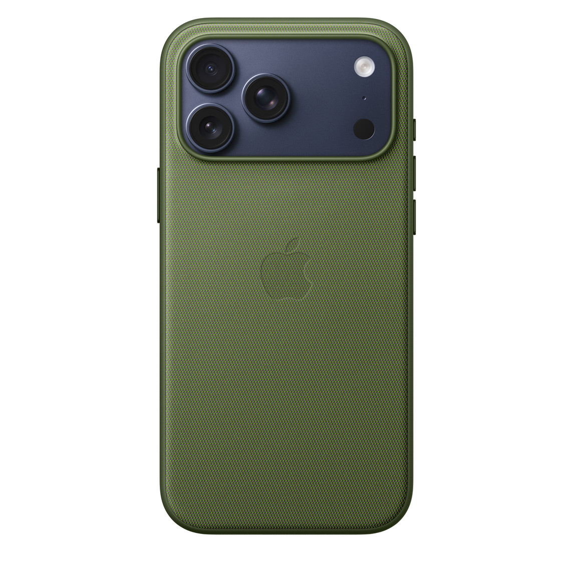 iPhone 17 Pro Max Tech Woven case in green color, back exterior, embedded Apple logo in center, attached to iPhone 17 Pro Max, deep blue color, visible through camera cut out