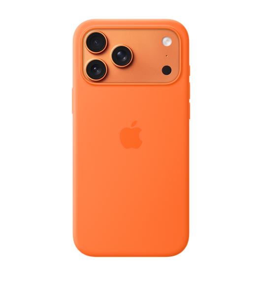 iPhone 17 Pro Max Silicone Case with MagSafe in orange color,  back exterior, embedded Apple logo in center, attached to iPhone 17 Pro Max in cosmic orange color, visible through camera cut out