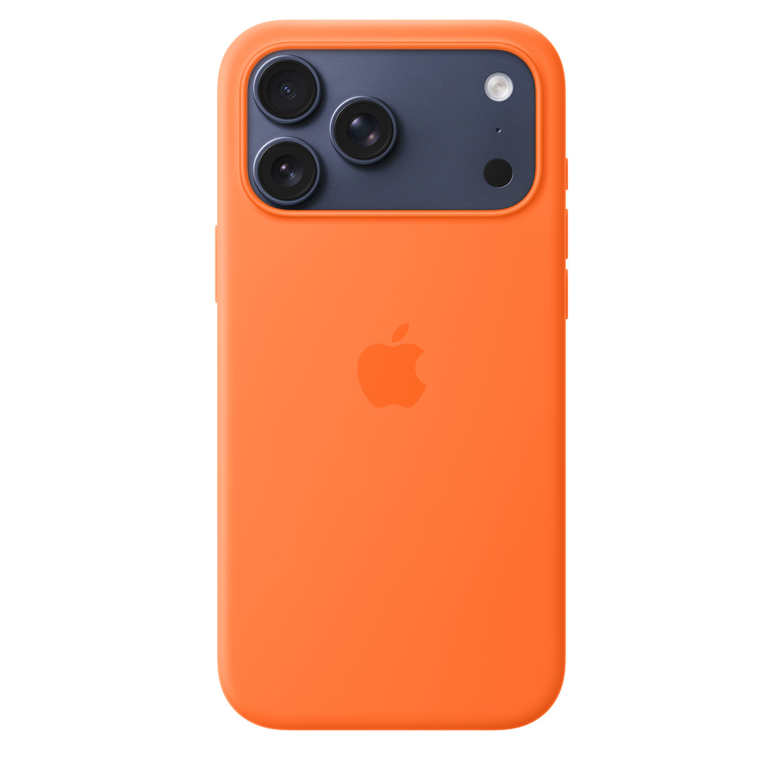 iPhone 17 Pro Max Silicone Case with MagSafe in orange back exterior, embedded Apple logo in center, attached to iPhone 17 Pro Max in deep blue color, visible through camera cut out