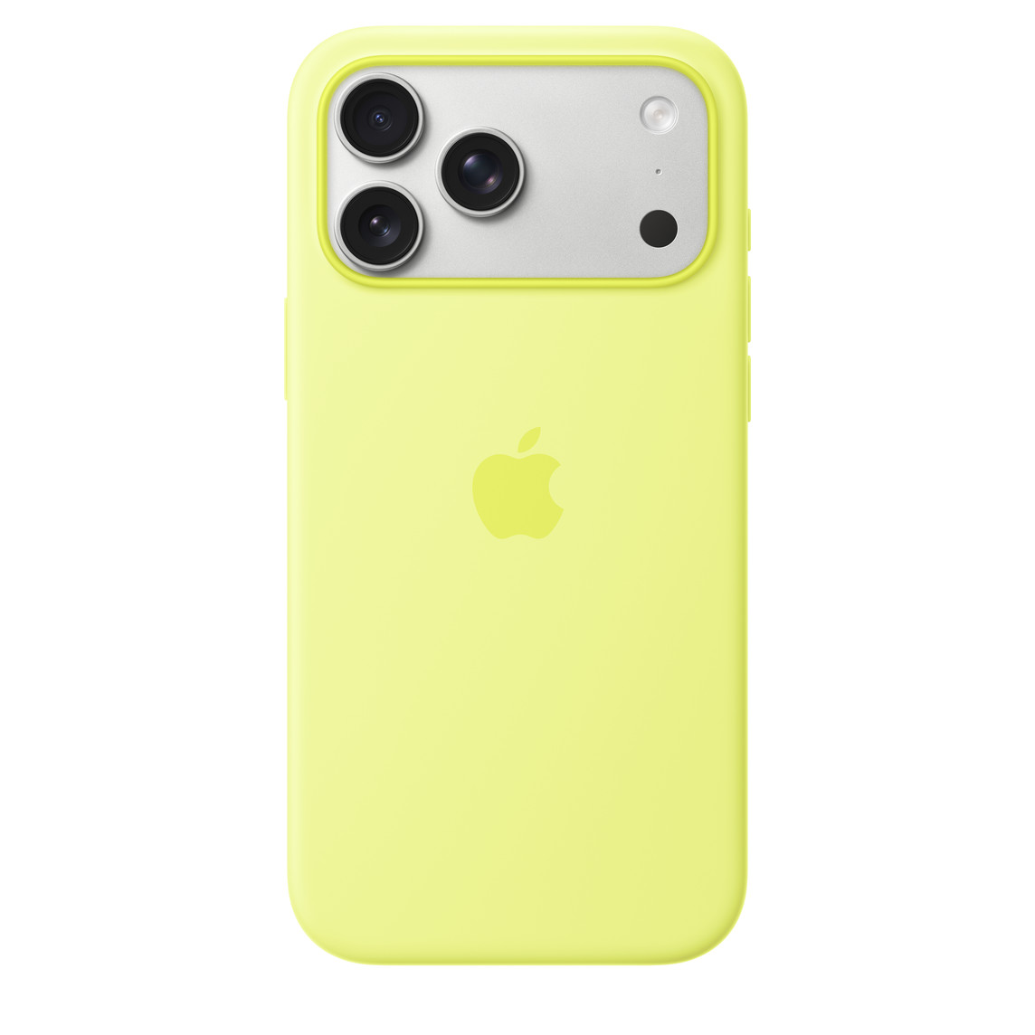 iPhone 17 Pro Max Silicone Case with MagSafe in neon yellow color, back exterior, embedded Apple logo in center, attached to iPhone 17 Pro Max in silver color, visible through camera cut out