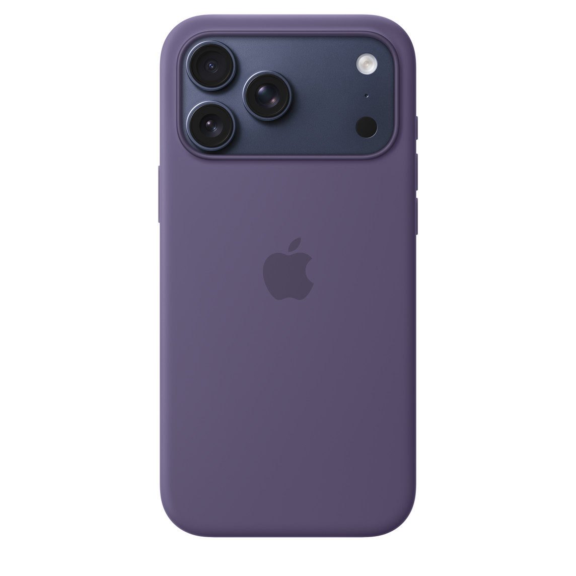 iPhone 17 Pro Max Silicone Case with MagSafe in purple fog back exterior, embedded Apple logo in center, attached to iPhone 17 Pro in deep blue color, visible through camera cut out