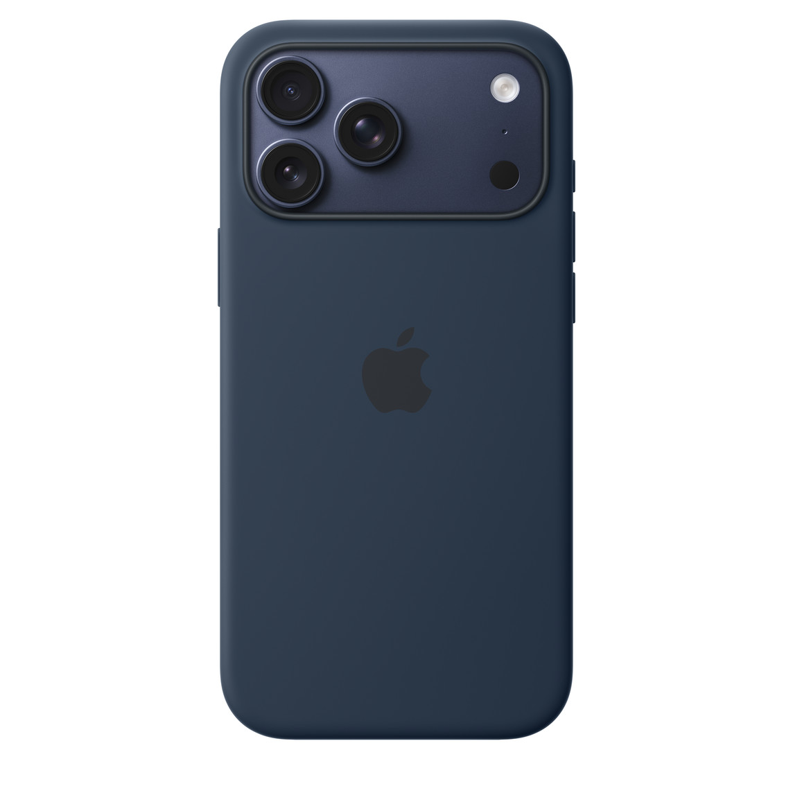 iPhone 17 Pro Max Silicone Case with MagSafe in midnight back exterior, embedded Apple logo in center, attached to iPhone 17 Pro Max in deep blue color, visible through camera cut out