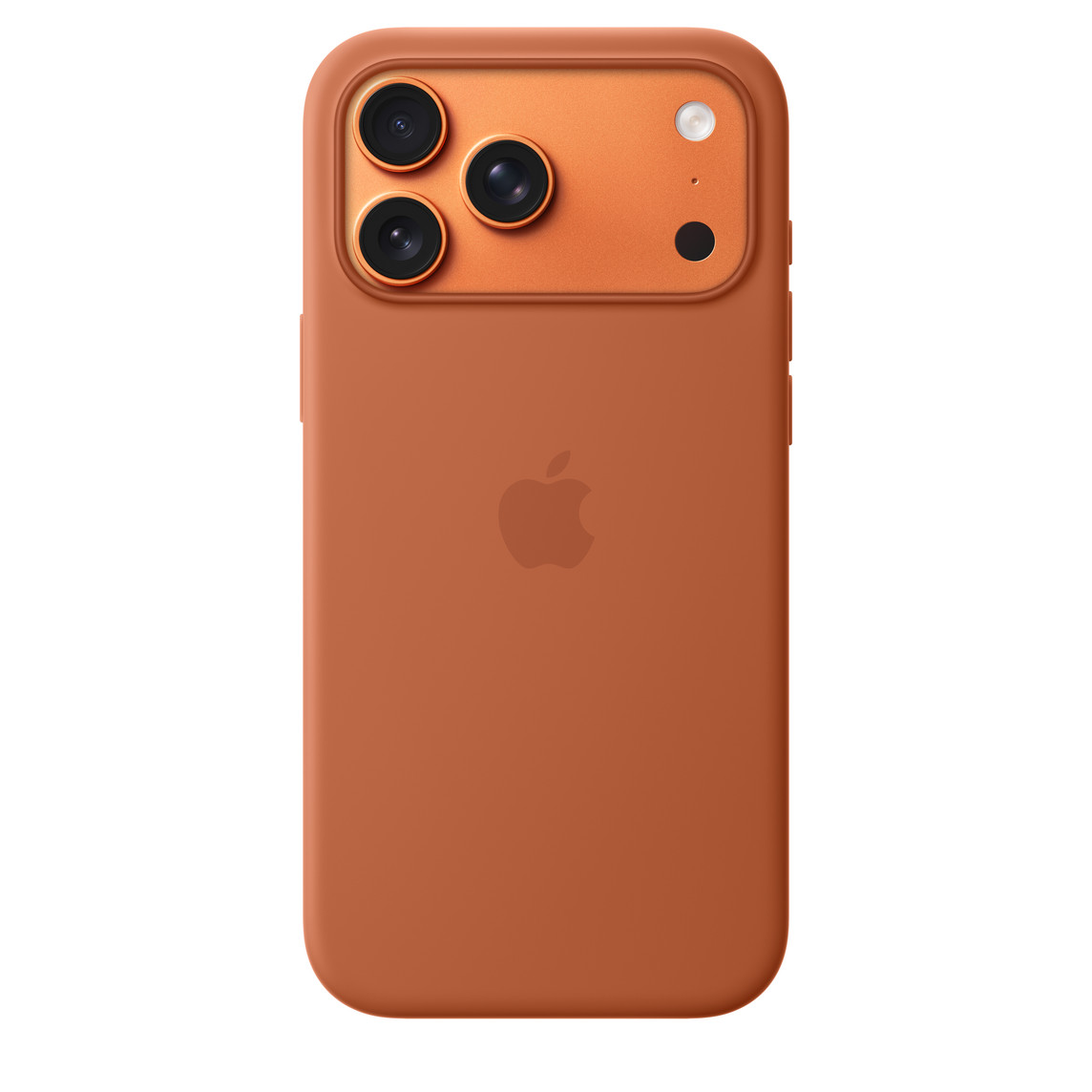 iPhone 17 Pro Max Silicone Case with MagSafe in terra cotta color, back exterior, embedded Apple logo in center, attached to iPhone 17 Pro Max in cosmic orange color, visible through camera cut out