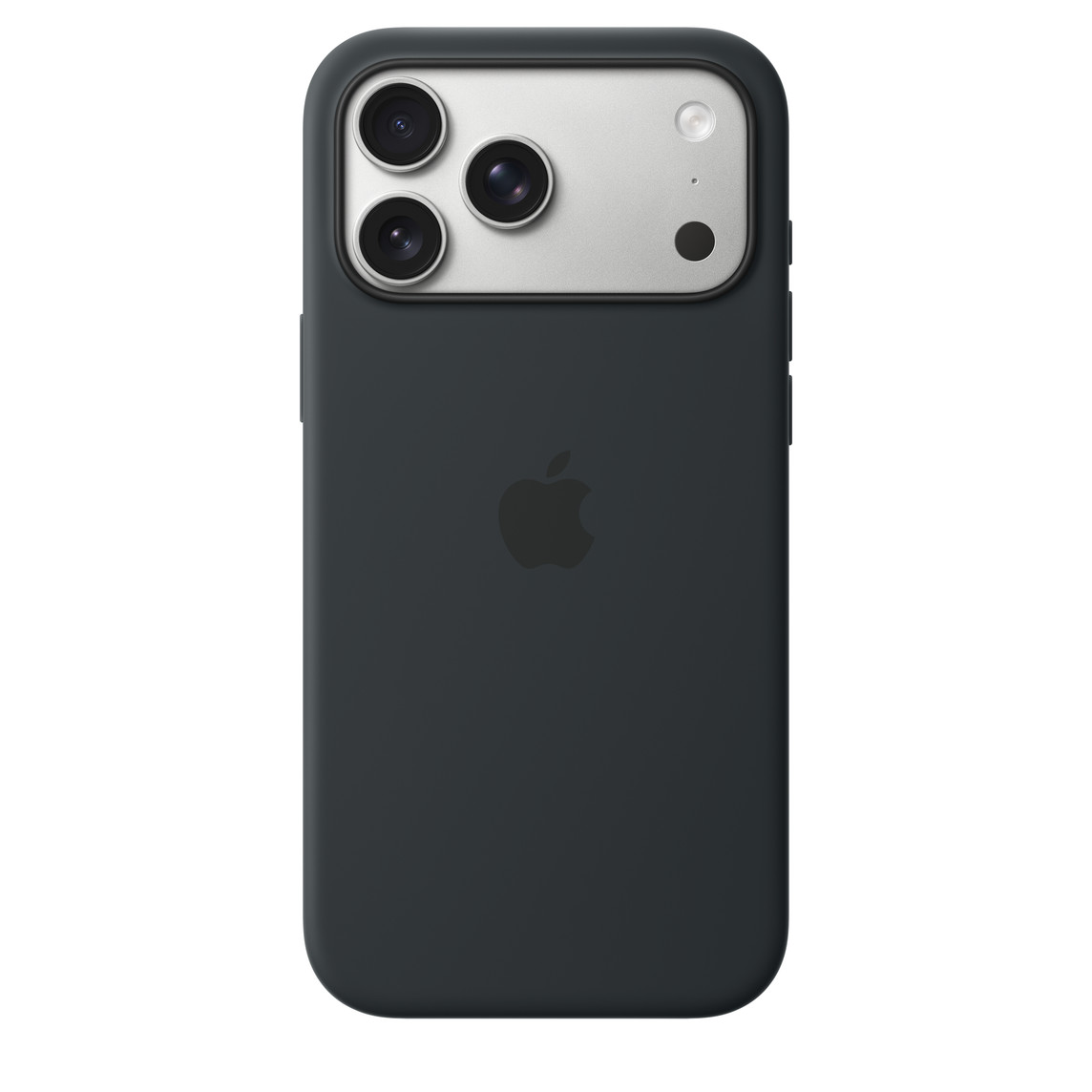 iPhone 17 Pro Max Silicone Case with MagSafe in neon yellow color, back exterior, embedded Apple logo in center, attached to iPhone 17 Pro Max in silver color, visible through camera cut out
