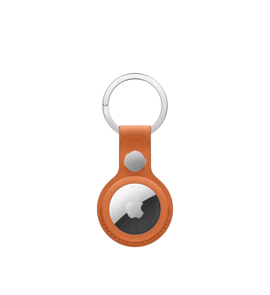 Llavero de trenzado fino en naranja zorro para el AirTag, parte trasera, cubre toda la circunferencia de un AirTag, orificio circular que deja ver el logotipo de Apple
