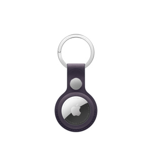 AirTag FineWoven Key Ring in midnight purple, back, covers the entire outer edge of the AirTag, a circular cutout showing the Apple logo on an AirTag