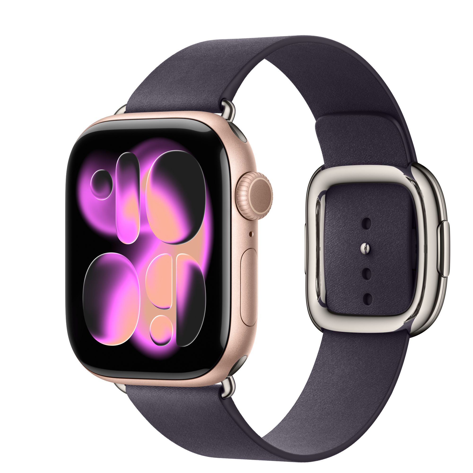 Apple Watch Series 11 GPS, Boîtier en aluminium or rose 42 mm, Bracelet Boucle moderne violet nuit - Small