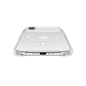 Onderaanzicht van iPhone Air-hoesje met MagSafe, kleur vorst, doorzichtig hoesje, bevestigd op iPhone Air in wolkenwit, open onderkant, bevestigingsgaten voor Crossbodykoord aan de linker- en rechterkant