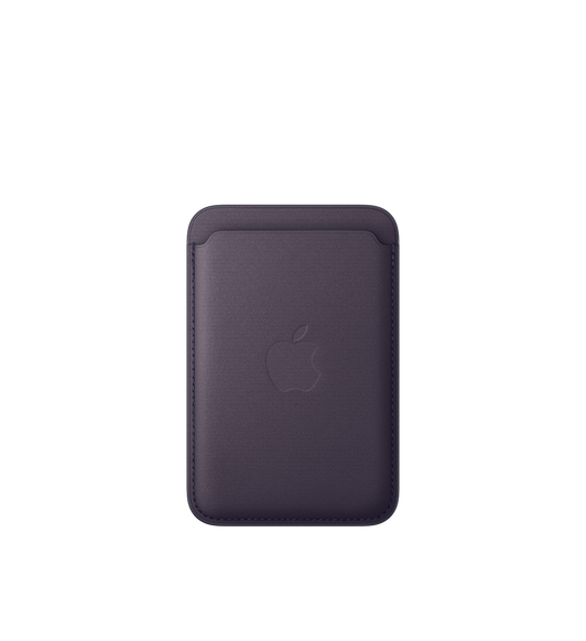 iPhone 专用 MagSafe 精织斜纹卡包的午夜紫色款，展示卡包背面外观，顶端是插卡位开口，中心位置压印有 Apple 标志，卡包边缘采用缝线设计。