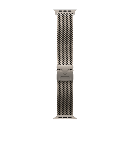 Titanium Milanese Loop strap, Natural colour, woven titanium mesh, parachute-style closure, two interlocking ends clasped together, side release tabs
