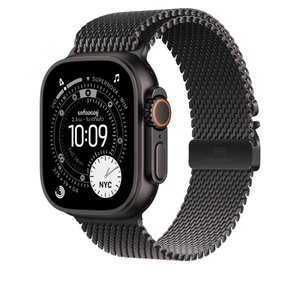 สายแบบ Milanese Loop ไทเทเนียม, สีดำ, ตาข่ายไทเทเนียมทอ, หัวล็อคแบบเข็มขัดร่มชูชีพ, ปลายทั้งสองด้านของสายล็อคเข้าด้วยกัน, แถบปลดสายด้านข้าง