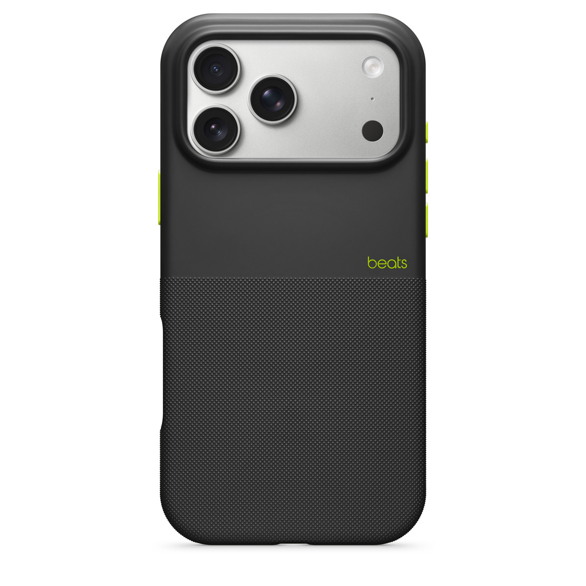Custodia Beats Rugged, color nero Everest, agganciata a un iPhone 17 Pro Max mostrato da dietro, logo Beats di colore giallo-verde neon in caratteri piccoli posizionato lungo la parte centrale destra della custodia, pulsanti laterali dello stesso colore del logo Beats, finitura opaca, il retro nella metà inferiore è in robusto polimero