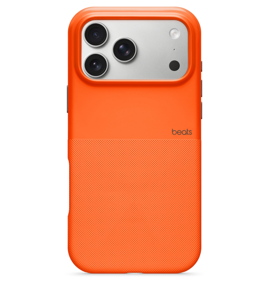 Tył iPhone’a 17 Pro Max w etui Beats Rugged w kolorze pomarańczowym Sierra Nevada