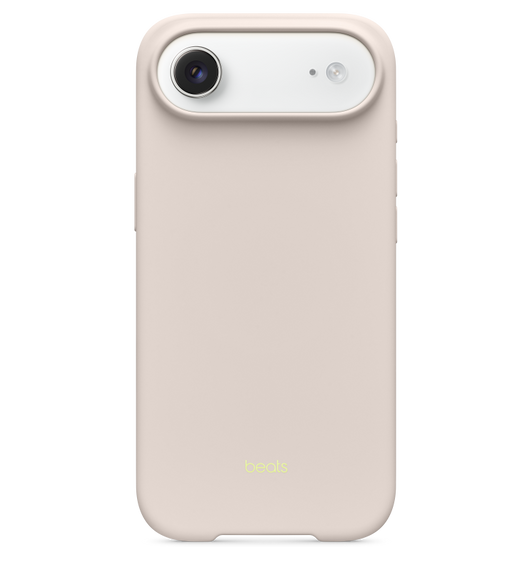 Beats iPhone Air Case with MagSafe and Camera Control, lime stone color,attached to iPhone Air, back view, neon yellow-green color Beats logo in small type centered at the bottom of the case, matte finish
