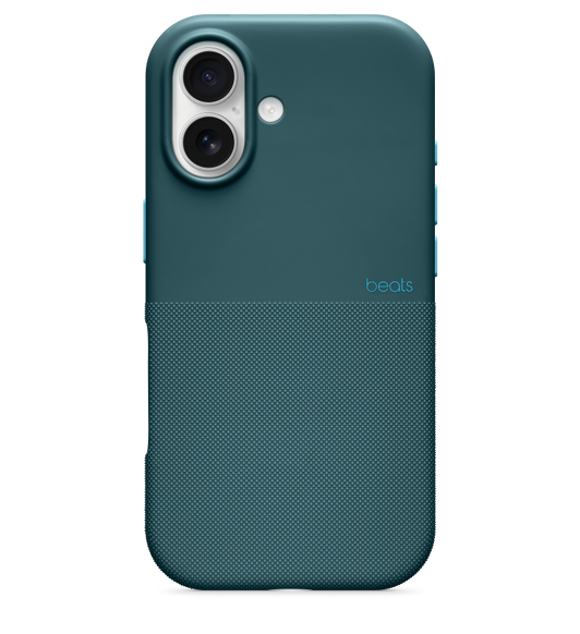 iPhone 17, pohled zezadu, nasazený Rocky modrý odolný kryt Beats Rugged