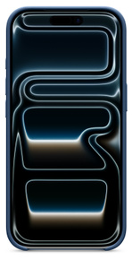 Parte frontal de una funda con MagSafe de Beats azul subsuelo para el iPhone 17 Pro con Control de la Cámara puesta en un iPhone, la parte inferior es abierta