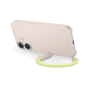 Beats Kickstand case attached to iPhone 17, back view in landscape orientation, the lanyard adapter is magnetically attached to the side of the case holding the iPhone upright