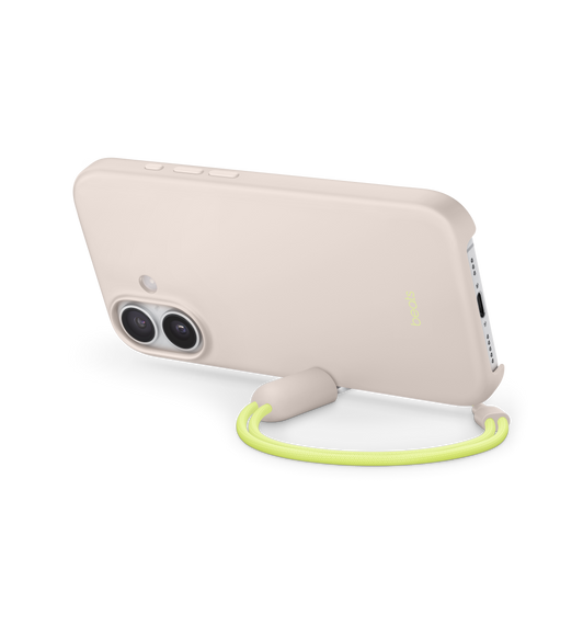 Beats Kickstand case attached to iPhone 17, back view in landscape orientation, the lanyard adapter is magnetically attached to the side of the case holding the iPhone upright