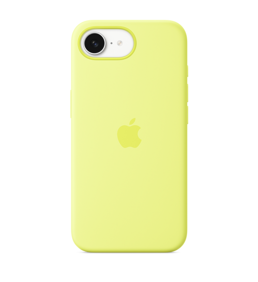 Neonově žlutý silikonový kryt na iPhone 16e, uprostřed je vyražené logo Apple, nasazený na bílém iPhonu 16e, který je vidět ve výřezu pro fotoaparát