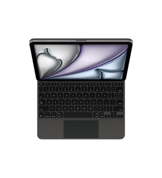 Magic Keyboard para el iPad Air, estructura de aluminio en negro, teclas negras con símbolos blancos, fila de teclas de función, trackpad y reposamuñecas en negro, iPad Air acoplado, orientación horizontal