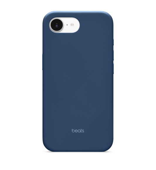 Beats iPhone 17e Case with MagSafe in bedrock blue color (dark blue), back exterior, Beats logo centered at bottom, attached to iPhone 17e in white color, visible through camera cutout