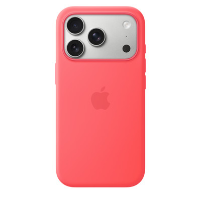 iPhone 17 Pro Silicone Case with MagSafe in bright guava color (bright pink), back exterior, embedded Apple logo in center, attached to iPhone 17 Pro in silver color, visible through camera cutout