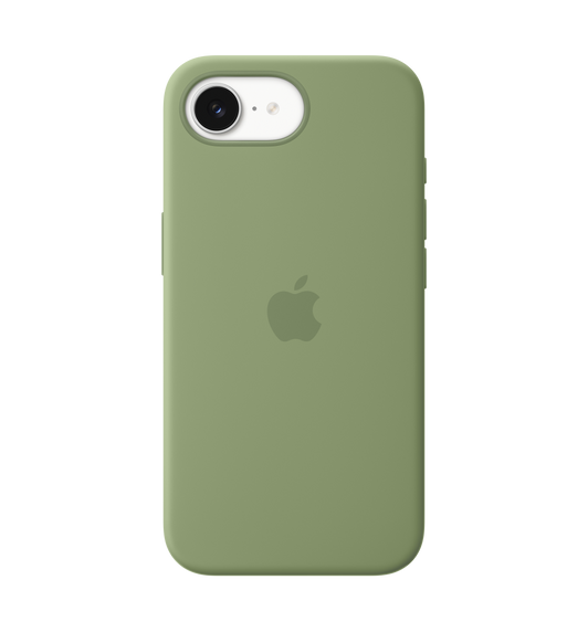 Funda de silicona con MagSafe en color musgo claro (verde claro) para el iPhone 17e, parte trasera exterior, logo de Apple en el centro, la funda protege un iPhone 17e en blanco, visible a través de la abertura para la cámara