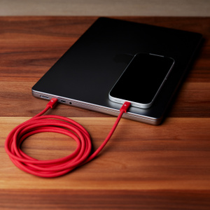 Beats USB-C to USB-C Woven Cable in Rapid Red plugged into iPhone and MacBook Pro, coiled up to show 3 m / 10 ft length. 
